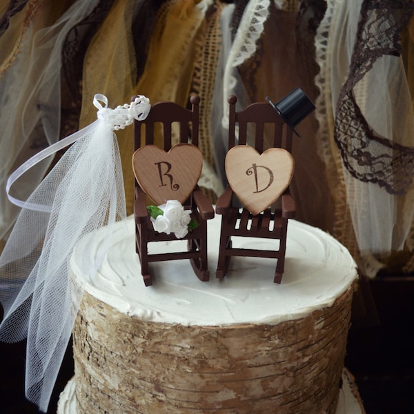 Rocking chair-cake topper-rustic-shabby-woodlands-Mr.and Mrs-country-wedding cake topper-wedding-country-bride and groom-chairs-just married