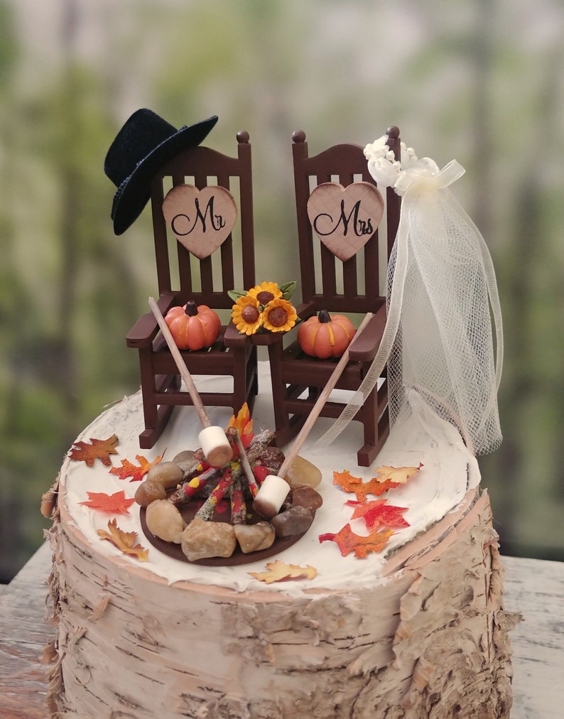 fall autumn themed wedding cake topper pumpkin country bride and groom rustic rocking chairs Mr&Mrs Thanksgiving wedding 6 inch cake image 2