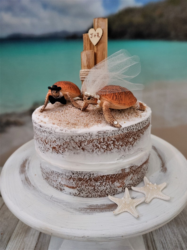 Sea turtle-bride-groom-Mr and Mrs-wedding-cake topper-beach-destination-turtle-ocean-turtle lover-starfish-grooms cake-woodland-animal image 5