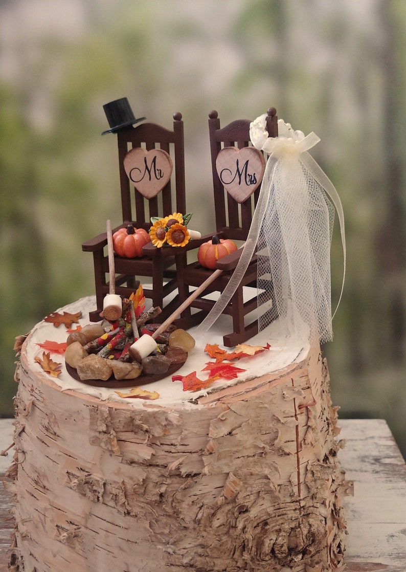 fall autumn themed wedding cake topper pumpkin country bride and groom rustic rocking chairs Mr&Mrs Thanksgiving wedding 6 inch cake image 4