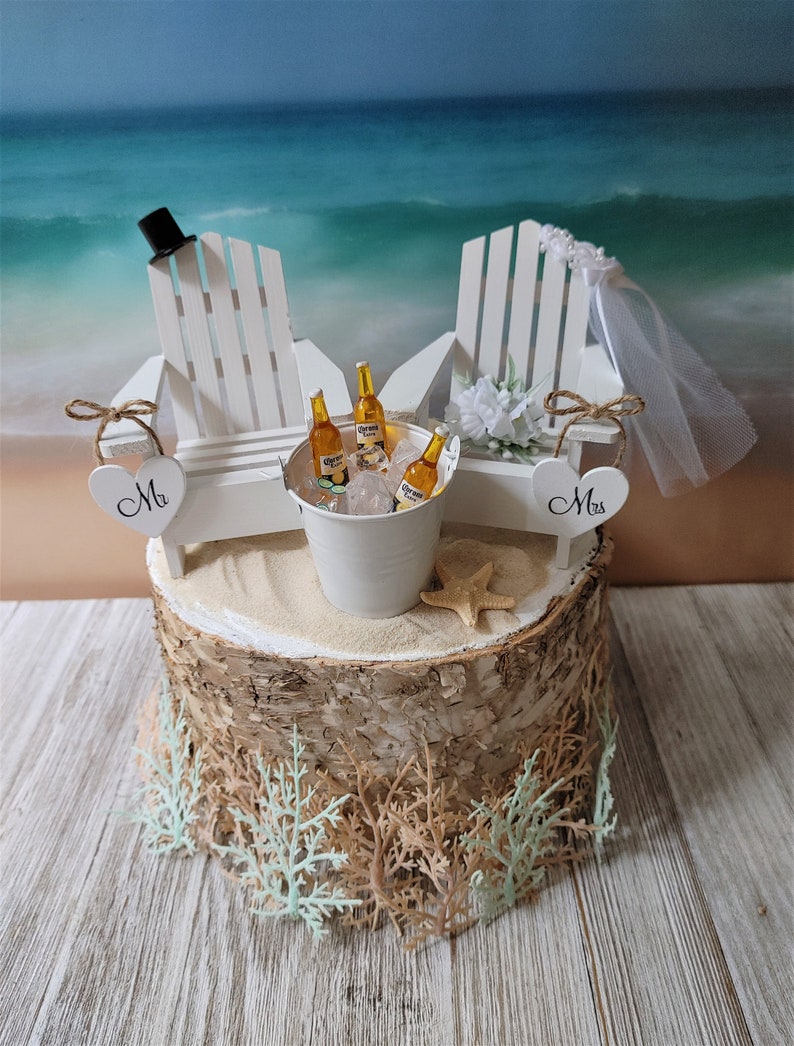 Beach chairs-Adirondack-beach-wedding-beercake topper-beach chairs-destination-bride-groom-Mr and Mrs-beach wedding-nautical-navy blue image 2