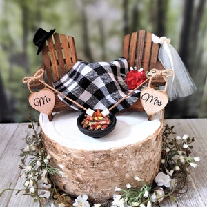 Fall themed Christmas themed wedding cake topper hunting camping Adirondack miniature chairs roasting marshmallows coffee hot chocolate cups image 6