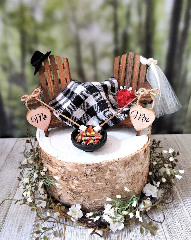 Fall themed Christmas themed wedding cake topper hunting camping Adirondack miniature chairs roasting marshmallows coffee hot chocolate cups image 6