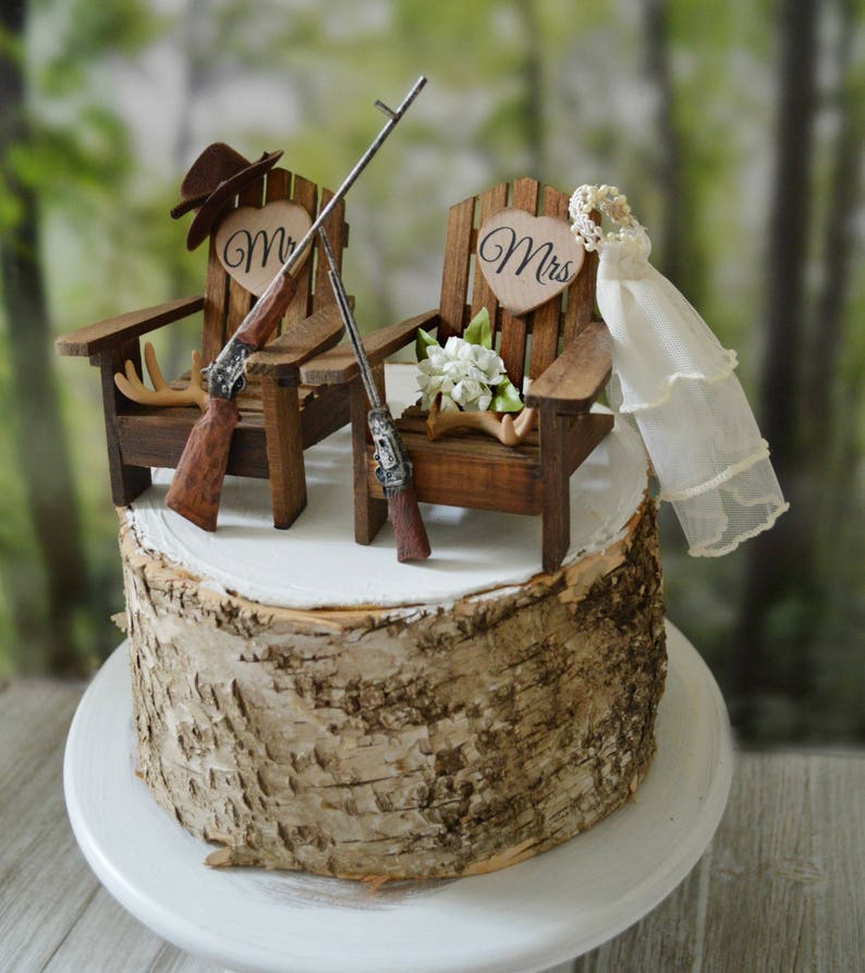 Hunting themed wedding cake topper bride groom hunters shotguns rifle antler rack Adirondack chairs camping fishing camouflage deer hunter image 5