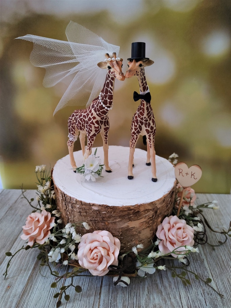 Giraffe wedding cake topper-animal-wedding cake topper-giraffe-wedding-just married-bride and groom-cake topper-custom-jungle-zoo-safari image 1