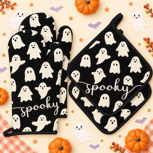 Juego de 4 guantes y agarraderas de horno con diseño de fantasmas de Halloween, decoración espeluznante para la cocina, accesorios de repostería adorables, regalo ideal para quienes disfrutan cocinando en casa.