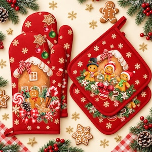 Julgransvantar och grytlappar för pepparkakor, rött julköksset, festliga baktillbehör, julklapp till bagare