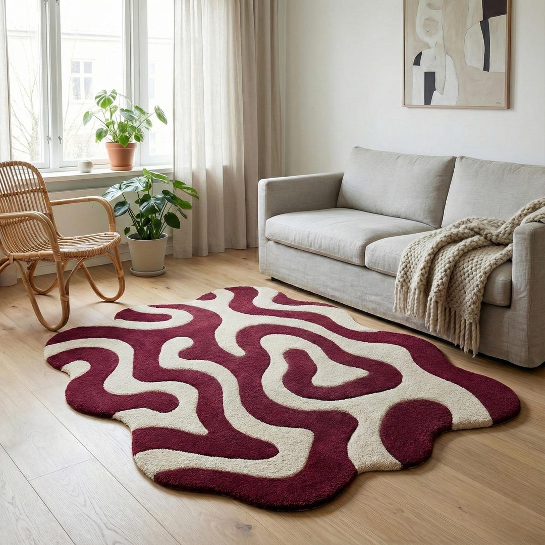 Hand Tufted Wool Area Rug | Abstract Wavy Burgundy Ivory Living Room ...