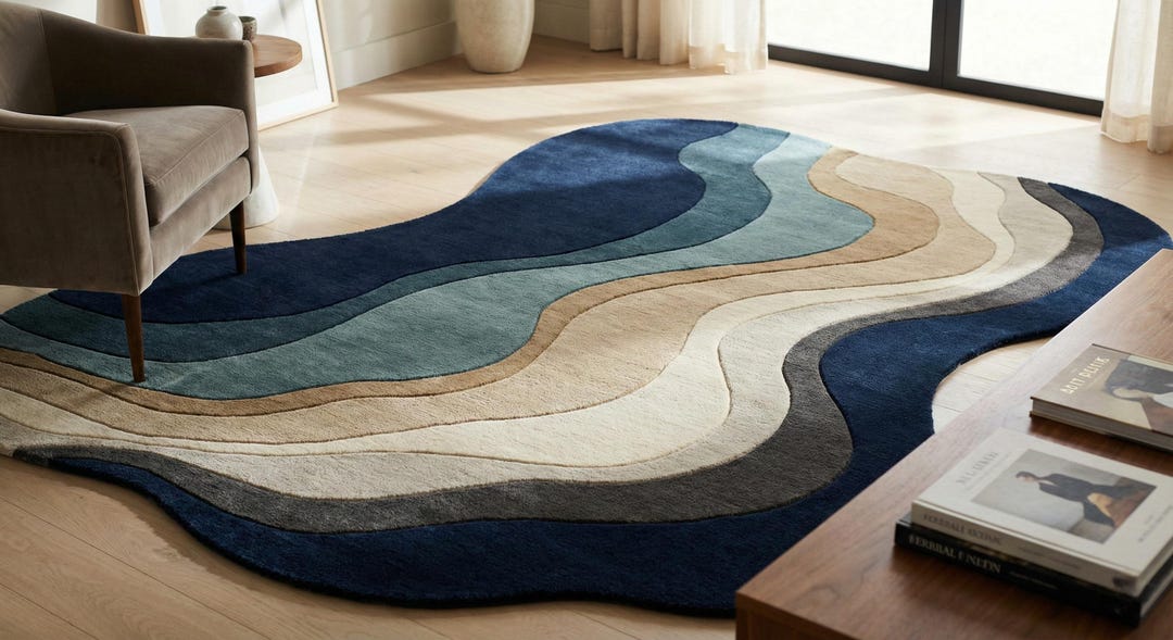 Hand Tufted Abstract Wave Rug | Modern Blue Beige Area Rug ...
