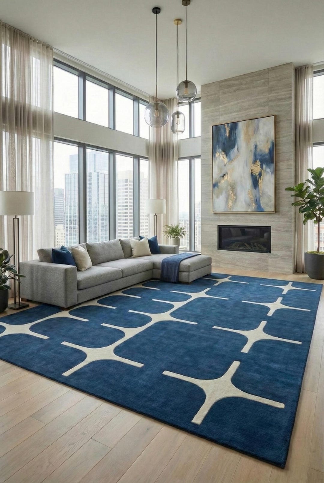 Blue Geometric Wool Rug | Hand Tufted Modern Design - Etsy
