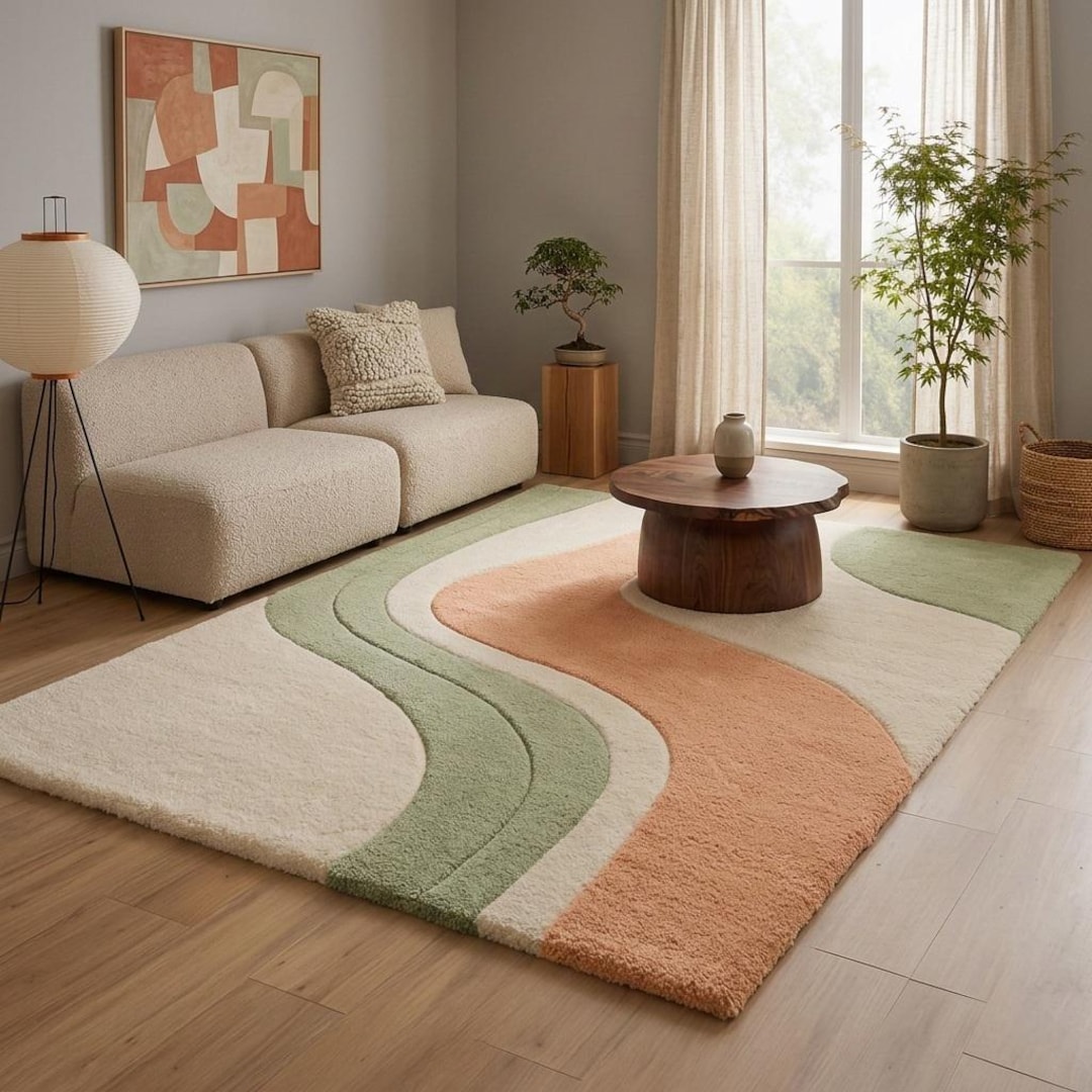 Peach Abstract Rug Hand Tufted Wool Abstract Rug | Sage Green Peach Cream | Boho Retro ...