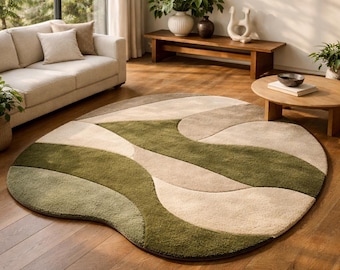 Hand Tufted Wool Area Rug | Green Beige Abstract Modern Minimalist Carpet