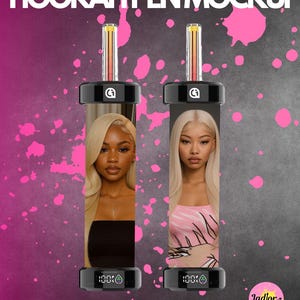 May include: A mockup of two hookah pens with a black and silver design. The pens feature images of women with blonde hair. The background is a gradient of pink and gray with pink paint splatters. The text "HOOKAH PEN MOCKUP" is at the top.