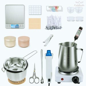 May include: A collection of candle-making supplies, including a digital scale, wicks, tins, a double boiler, a heat gun, and a thermometer. The image also shows a melting pot, stirring sticks, and a label that says "Scented Candle".