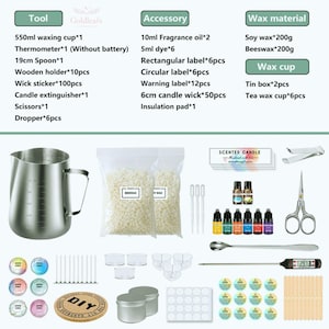 May include: A candle-making kit with tools and materials. Includes a 550ml waxing cup, thermometer, 19cm spoon, wooden holders, wick stickers, candle extinguisher, scissors, droppers, fragrance oils, dye, labels, wicks, soy wax, beeswax, tin boxes, and tea wax cups.