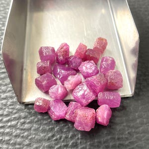 Puede incluir: Una colección de pequeños cristales de rubí en bruto de color rosa vibrante, con formas irregulares y facetadas y texturas translúcidas, que descansan dentro de una pala de metal plateado pulido. Las piedras muestran tonos magenta y rosa.