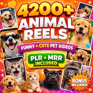 Może przedstawiać: Kolorowa grafika promocyjna z napisem "4200+ ANIMAL REELS". Obraz przedstawia różne zwierzęta, w tym psy, koty i goryla, z tekstem "FUNNY + CUTE PET VIDEOS" i "PLR + MRR INCLUDED". Bonus również jest dołączony.