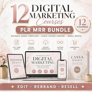 Puede incluir: Un paquete de marketing digital con 12 cursos con derechos PLR y MRR. La imagen muestra una computadora portátil, una tableta y un libro con títulos como Instagram Blueprint, Digital Marketing, Email Marketing y Canva Basics sobre mármol.