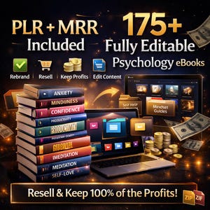 Pu&ograve; includere: Immagine promozionale per eBook di psicologia. L'immagine presenta una pila di libri colorati con titoli come "Ansia" e "Fiducia", un laptop, un tablet e pile di monete. Il testo include "PLR + MRR Included" e "Resell & Keep 100% of the Profits!"