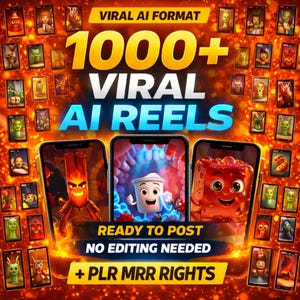 May include: A promotional graphic with the text "VIRAL AI FORMAT" and "1000+ VIRAL AI REELS." Three smartphones display animated characters. The graphic also includes the phrases "READY TO POST," "NO EDITING NEEDED," and "+ PLR MRR RIGHTS." The background is a fiery orange.