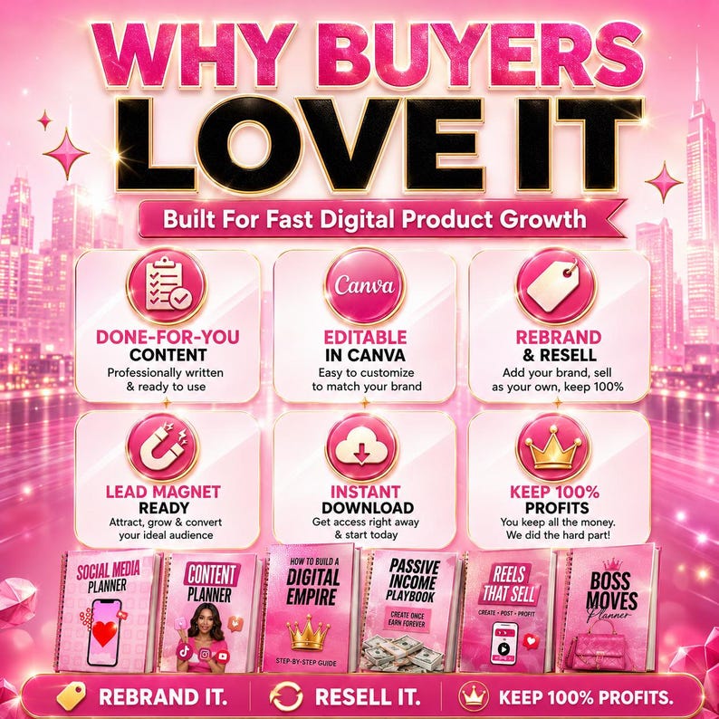 May include: A pink graphic with the text "WHY BUYERS LOVE IT" and "Built For Fast Digital Product Growth." The graphic promotes digital products, including planners and guides, with icons and text like "Done-For-You Content" and "Instant Download."