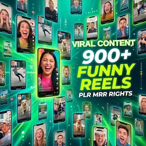 Puede incluir: Un gráfico vibrante con múltiples teléfonos inteligentes que muestran a varias personas y un perro reaccionando con sorpresa o risa. El texto "VIRAL CONTENT 900+ FUNNY REELS PLR MRR RIGHTS" se muestra prominentemente en verde y blanco.