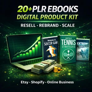 Könnte beinhalten: Ein digitales Produkt-Kit mit dem Text "20+ PLR Ebooks Digital Product Kit". Das Bild zeigt einen Laptop mit einem steigenden Diagramm, Geldbündel und Buchcover für "Winning a Soccer Game", "Untold Tennis Strategies" und "Extreme Motocross".