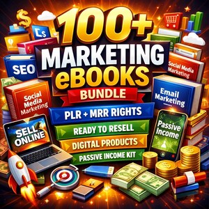 May include: A vibrant graphic promoting a digital marketing ebook bundle. The image features stacks of books labeled "SEO," "Social Media Marketing," and "Email Marketing." Additional elements include a laptop, a rocket, money, and the text "100+ MARKETING EBOOKS BUNDLE."