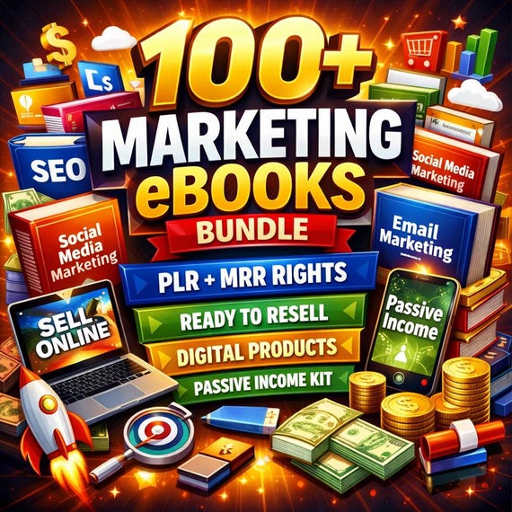 100+ Marketing eBooks PLR MRR Digital Products Bundle Ready to Resell Passive Income Starter Pack Online Business Kit