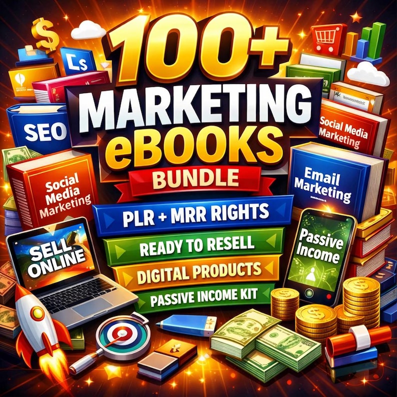 May include: A vibrant graphic promoting a digital marketing ebook bundle. The image features stacks of books labeled "SEO," "Social Media Marketing," and "Email Marketing." Additional elements include a laptop, a rocket, money, and the text "100+ MARKETING EBOOKS BUNDLE."