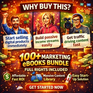 May include: A promotional graphic with the text "WHY BUY THIS?" and three panels with people and text. The graphic promotes a "100+ MARKETING eBooks BUNDLE" with features like "Affordable + Fast ROI" and "Easy Start-Up Solution."