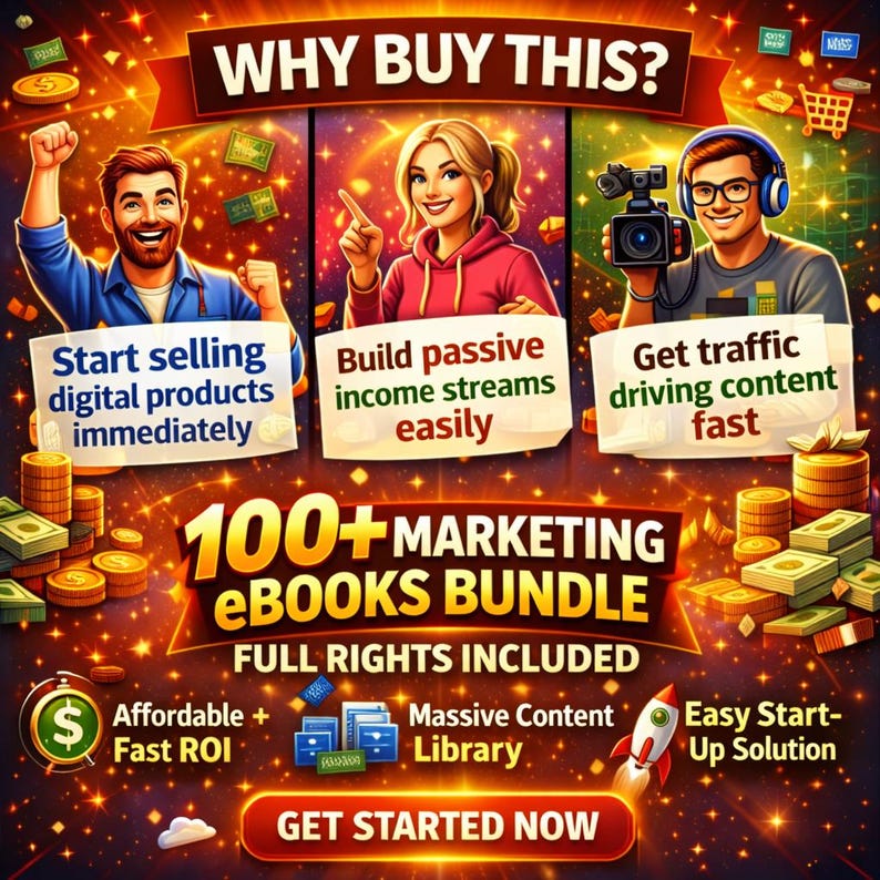 May include: A promotional graphic with the text "WHY BUY THIS?" and three panels with people and text. The graphic promotes a "100+ MARKETING eBooks BUNDLE" with features like "Affordable + Fast ROI" and "Easy Start-Up Solution."