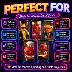 May include: A digital marketing graphic featuring the text PERFECT FOR Made For Modern Digital Creators. Five smartphones display cartoon fruit characters including a banana, strawberry, orange, tomato, and apple. Neon-bordered boxes list content uses.