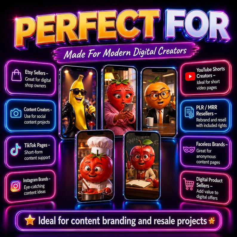 May include: A digital marketing graphic featuring the text PERFECT FOR Made For Modern Digital Creators. Five smartphones display cartoon fruit characters including a banana, strawberry, orange, tomato, and apple. Neon-bordered boxes list content uses.