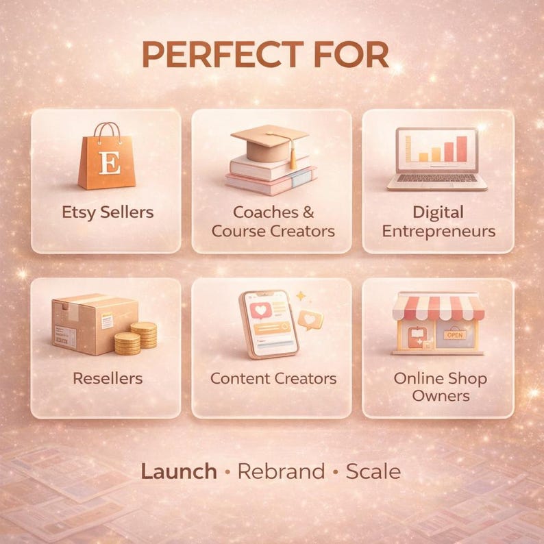 May include: An image with the text "PERFECT FOR" above six illustrations. The illustrations depict an Etsy shopping bag, books with a graduation cap, a laptop with a graph, a box with coins, a phone with a heart icon, and a shop. The text "Launch Rebrand Scale" is at the bottom.