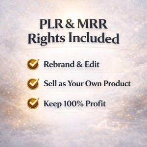 May include: Image with text: PLR & MRR Rights Included. Includes: Rebrand & Edit, Sell as Your Own Product, and Keep 100% Profit. The text is in a dark blue font, with gold checkmarks next to each point, set against a light background.