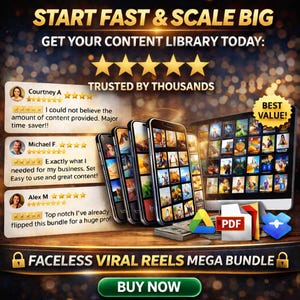 May include: An advertisement promoting a content library bundle. The image features smartphones and a computer screen displaying video thumbnails, with the text "START FAST & SCALE BIG" and "BUY NOW". Testimonials and a "BEST VALUE!" badge are also included.