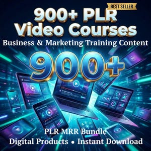 May include: A digital graphic promoting 900+ PLR video courses for business and marketing training. The image features laptops and smartphones with glowing blue accents, and the text "PLR MRR Bundle" and "Digital Products • Instant Download".