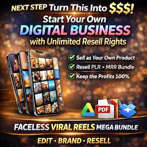 May include: An advertisement promoting a digital business opportunity. The image features three smartphones displaying various images, with text overlayed that reads "Start Your Own DIGITAL BUSINESS with Unlimited Resell Rights." Additional text includes "Sell as Your Own Product" and "Keep the Profits 100%."
