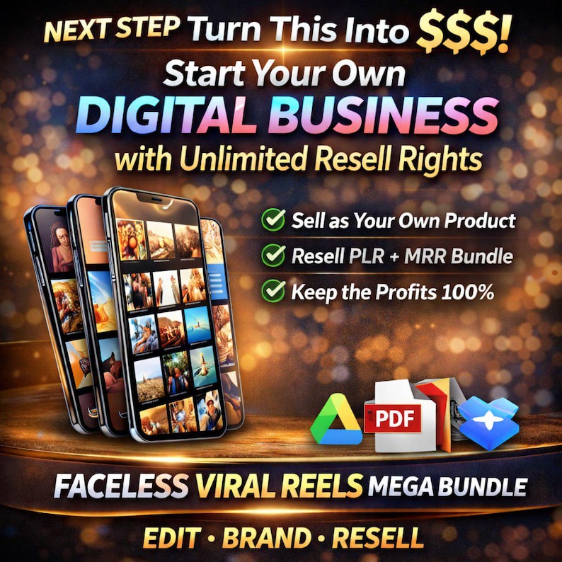 May include: An advertisement promoting a digital business opportunity. The image features three smartphones displaying various images, with text overlayed that reads "Start Your Own DIGITAL BUSINESS with Unlimited Resell Rights." Additional text includes "Sell as Your Own Product" and "Keep the Profits 100%."