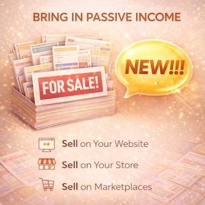 May include: Image promoting passive income opportunities. A box filled with documents has a "FOR SALE!" sign. A "NEW!!!" speech bubble is present. Text encourages selling on websites, stores, and marketplaces.