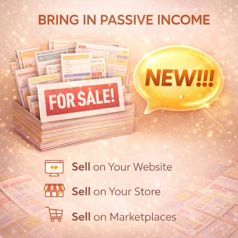 May include: Image promoting passive income opportunities. A box filled with documents has a "FOR SALE!" sign. A "NEW!!!" speech bubble is present. Text encourages selling on websites, stores, and marketplaces.