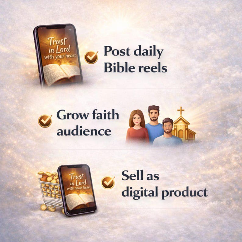 May include: An advertisement promoting religious content. The image features a smartphone displaying the text "Trust in Lord with your heart" and an open book. The ad suggests posting Bible reels, growing a faith audience, and selling digital products.