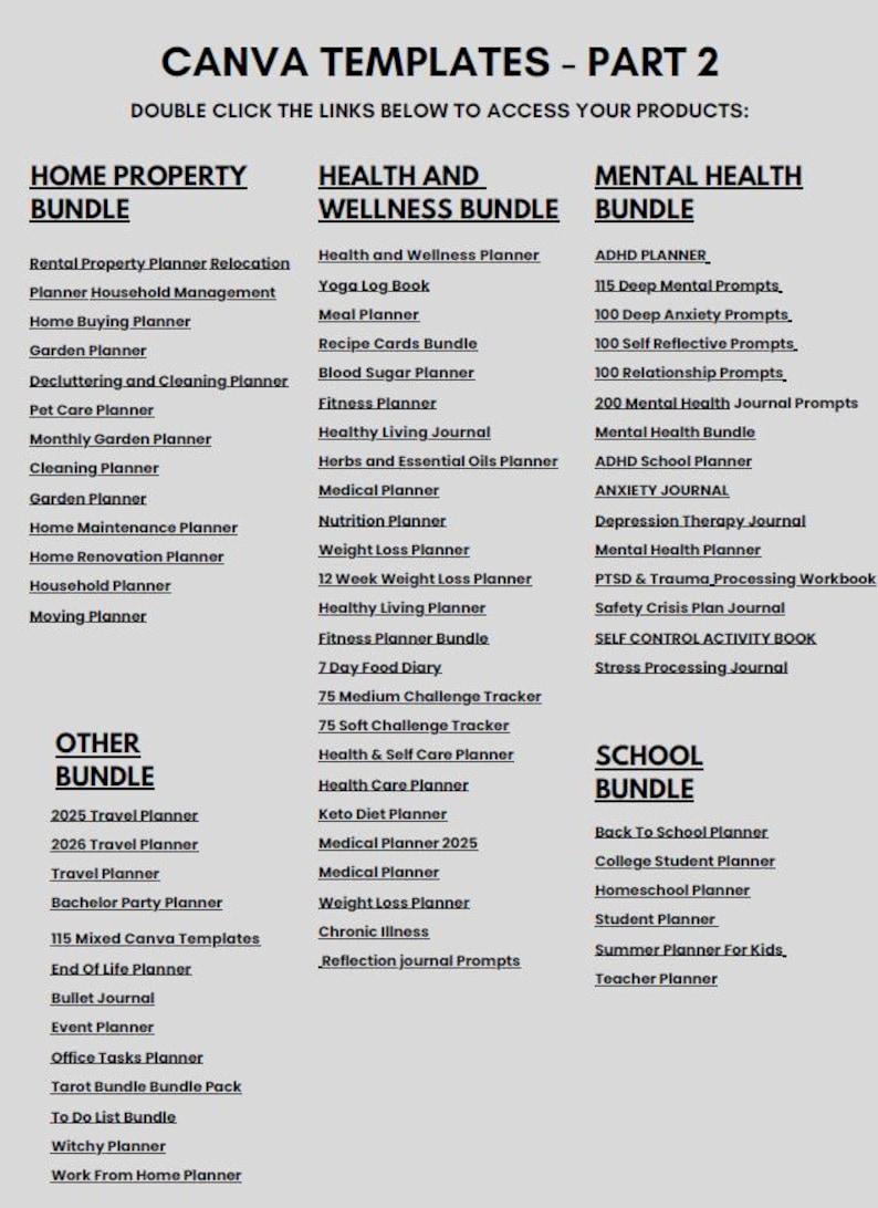 May include: A digital product listing featuring Canva templates, organized into bundles. Categories include Home Property, Health and Wellness, Mental Health, Other, and School. Each bundle contains multiple planner templates, such as a Home Buying Planner and a Weight Loss Planner.