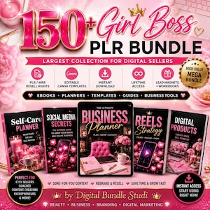 May include: A pink and gold graphic promoting a "Girl Boss PLR Bundle" with the text "150+". The image features several book covers with titles like "Self-Care Planner" and "Business Planner". The bundle includes ebooks, planners, templates, and guides for digital sellers.