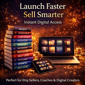 Pu&ograve; includere: Immagine con un laptop, un tablet e pile di libri e monete su uno sfondo scintillante. I libri hanno titoli come "Ansia" e "Mindset". Il testo recita "Launch Faster, Sell Smarter, Instant Digital Access". Per venditori Etsy, coach e creatori digitali.