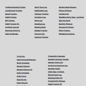 May include: A digital graphic with the text "50 CANVA TEMPLATES (ONE PAGE)" and a list of templates for various organizational and planning purposes, such as trackers, planners, and logs. The templates are listed in a simple, easy-to-read format.
