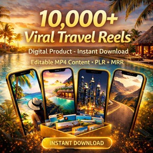 Puede incluir: Anuncio de un producto digital con cuatro smartphones que muestran escenas de viajes. El texto dice "10.000+ Viral Travel Reels" y "Descarga instantánea". La imagen tiene un tema tropical con palmeras y agua.