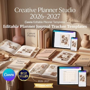 May include: A collection of open journals, notebooks, and digital devices displaying planner templates. The image features the text "Creative Planner Studio 2026-2027" and "Canva Editable Planner Templates". The color palette includes beige, pink, and brown tones.