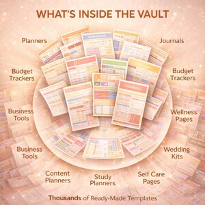 May include: A collection of colorful printable templates, including planners, budget trackers, and journals, are displayed in a circular arrangement. The text "WHAT'S INSIDE THE VAULT" and "Thousands of Ready-Made Templates" are visible. The templates are designed for various purposes.